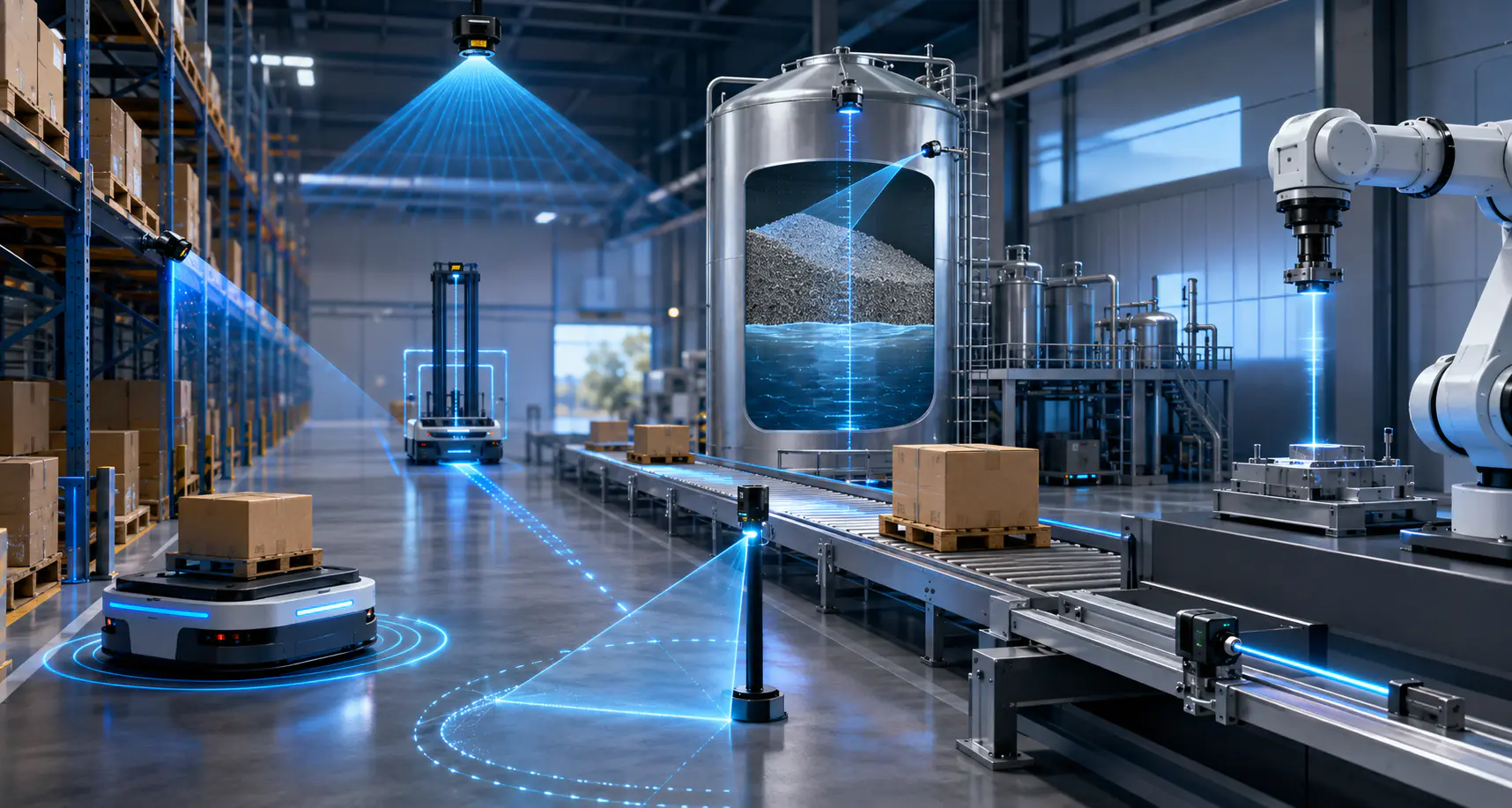 Distance displacement and level measurement in industrial material handling